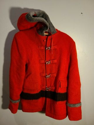 Vintage Hudson Bay Wool Red Blanket Hooded Duffle Coat Zip Toggle