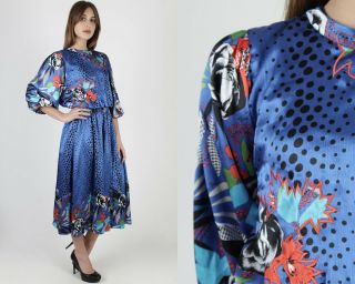 Vtg 80s Diane Freis Fres Dress Blue Signature Tropical Floral Embroidered Maxi