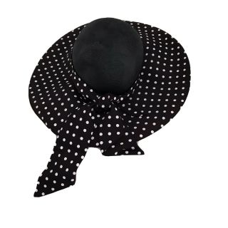 Vintage Frank Olive Wide Brim Hat Black Straw Brown White Polka Dots 7 1/4