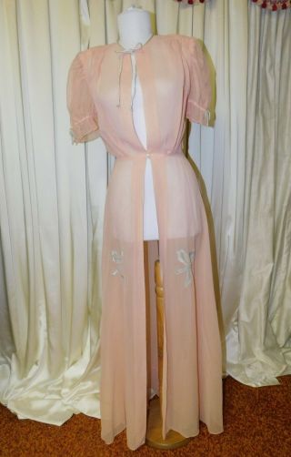 Vintage 1930s 1940s Peignoir Pink Appliqued Chiffon Dressing Gown Robe Pinup P
