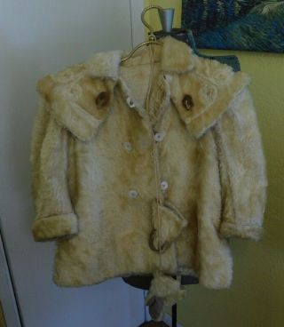 Victorian Antique Childs Faux Fur Quilted Coat Mittens Fox Face Embellishments