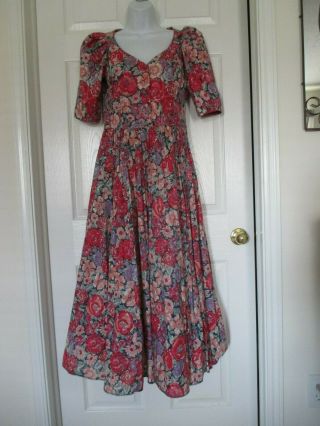 Vintage Laura Ashley Pink Floral Tea Dress Size 10 Us 12 Uk