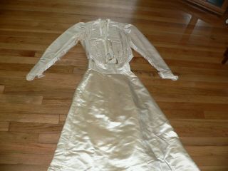 Antique 1870s - 80s Cream Silk Satin Wedding Bustle Gown,  FOR STUDY DISPLAY 2