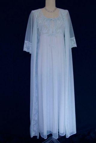 Vintage 60s Shadowline Peignoir Set Robe Gown M Pale Blue Chiffon Pearl Beads
