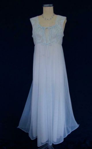 Vintage 60s Shadowline Peignoir Set Robe Gown M Pale Blue Chiffon Pearl Beads 2