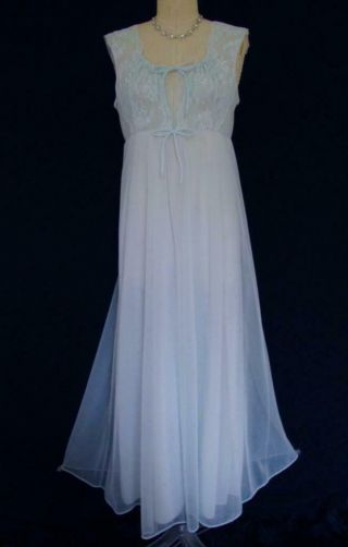 Vintage 60s Shadowline Peignoir Set Robe Gown M Pale Blue Chiffon Pearl Beads 3