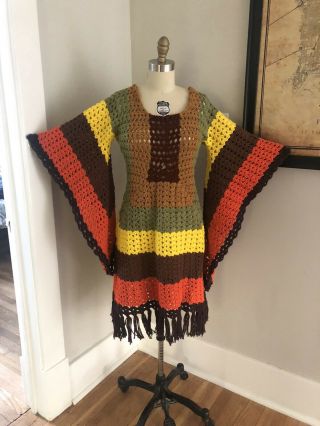 Vtg Retro Striped Boho Crochet Bell Sleeve Afghan Knit 70s Hippie Dress W Fringe