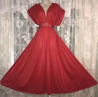 Vtg Nwt Red Lxl Miss Elaine Butter Soft Nylon Nightgown Negligee Gown Olga Esque