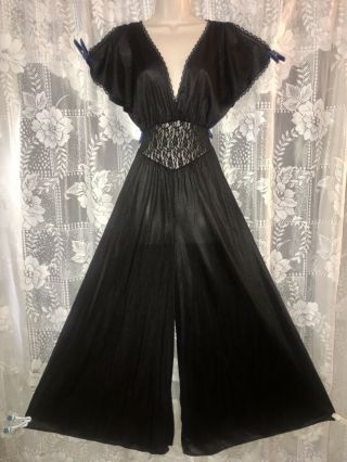 Vtg Rare Black L Xl Lady Cameo Palazzo Nylon Jumpsuit Nightgown Jumper