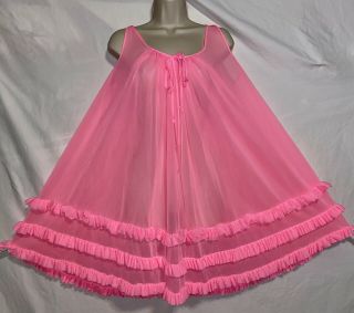 Vtg L,  Bubble Gum Pink Sheer Full Chiffon Babydoll Negligee Nightgown Ruffles