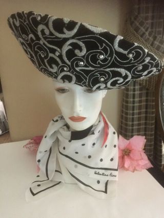 Vintage Jack Mcconnell Ladies Hat Black Silver Sequins High Brim Red Feather Tag