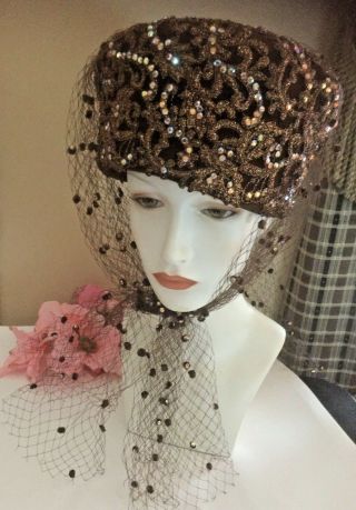 Vintage Jack Mcconnell Brown Sequin Hat Netting W/sequins Red Feather Boutique