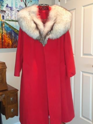 Vintage 50s 60s Womens Red Soft Wool Blend Coat Fox Fur Collar Pockets Xl - 2x