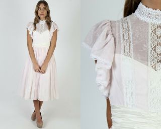 Vintage 80s Gunne Sax Dress Pale Pink White Floral Lace Prairie Bridal Gown Maxi