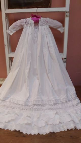Antique Christening Gown Baby Dress Lace Embroidery White Cotton Doll Full Skirt