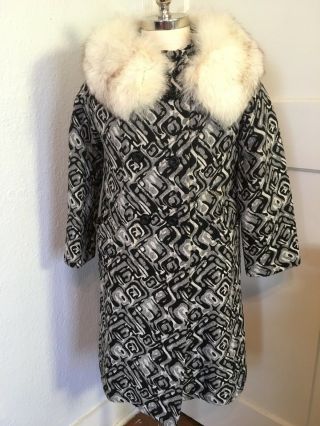 Vtg 60s Mod Abstract Tapestry Swing Coat Fox Fur Trim Collar Women 
