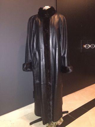 Butter Soft Black Leather Long Coat With Mink Collar & Cuffs