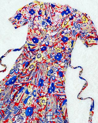 Vintage 1930s Rayon Jersey Floral Dress W Waist Ties Red Blue Colors