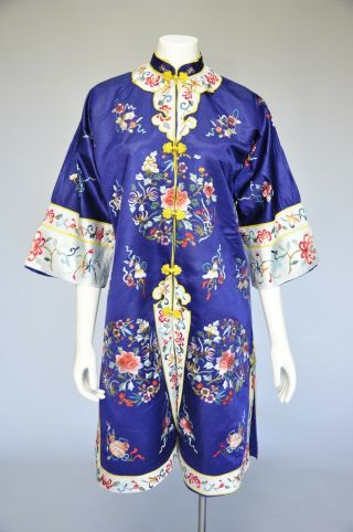 Vtg 30s 40s Blue Silk Chinese Jacket Coat Tunic Shirt Floral Embroidery S/m/l