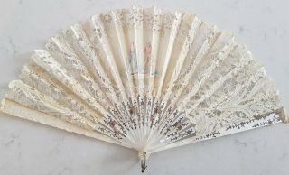 Large Antique Hand Painted Mother Of Pearl & Lace Hand Fan.  9