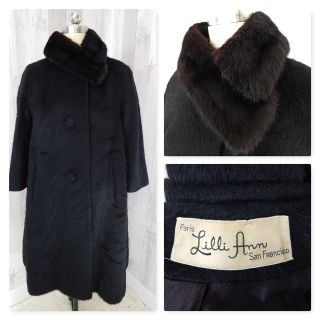 1950s Vintage Swing Coat Lilli Ann Paris Black Mohair L/xl Fur Collar Lovely