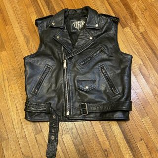 Vintage Diamond Leather Motorcycle Biker Vest Size Large Black.  Heavy Duty