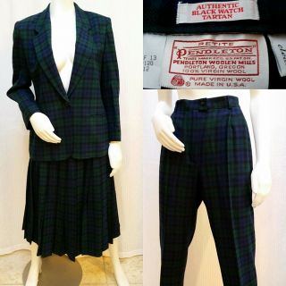 Vintage 3 Piece Pendleton Black Watch Tartan Plaid Jacket,  Skirt & Pants - Euc
