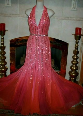 Vintage Tony Bowls Paris Ombre Silk Beaded Halter Evening Gown Dress S