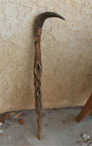 Vintage Antique Folk Art Horn Handle & Carved Diamond Willow Walking Stick Cane