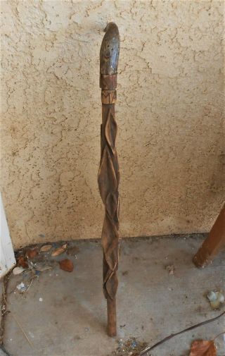Vintage Antique Folk Art Horn Handle & Carved Diamond Willow Walking Stick Cane 2
