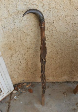 Vintage Antique Folk Art Horn Handle & Carved Diamond Willow Walking Stick Cane 3