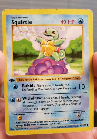 Pokemon Squirtle - 1st Edition Shadowless Base Set 63/102 Pokemon - Pl