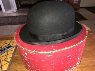Vintage Black Bowler Derby Hat & Box By Christys London Sz 7 5/8 100 Fur Felt