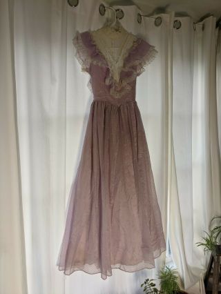 Vintage Gunne Sax Prairie Dress Gown Womens Small Romantic Tiered Lilac Lace 70s