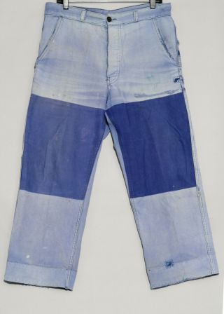 Vintage French Blue Workwear Chore Pants Patches Distressed