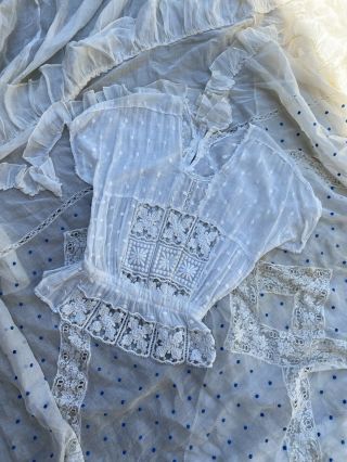 Antique Edwardian White Cotton Blouse Floral Embroidery Top Bodice Vintage
