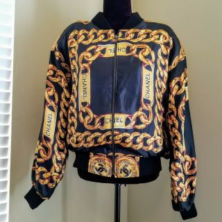 Vtg Chanel 80s 90s Silk Satin Bomber Gold Id Chain Jacket Rue Cambon Cc Logo M L