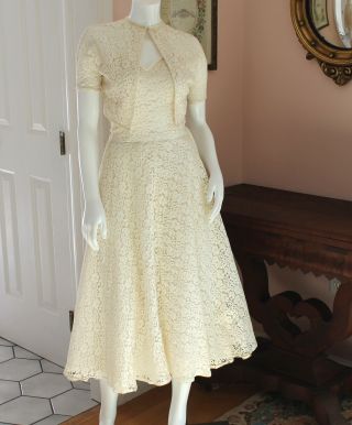 Vintage 1940s To 1950s Off White Floral Lace Strapless Dress With Cropped Jacket