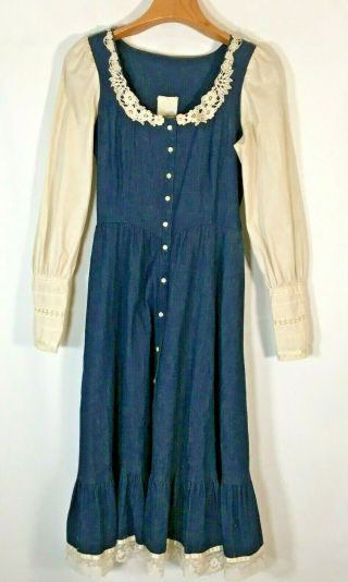 Vintage 70s Gunne Sax Jessica Mcclintock Denim Prairie Dress Sz Small