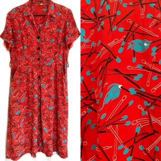 Vintage 1940s 1950s Novelty Print Rayon Dress Matches Red Blue Size Large
