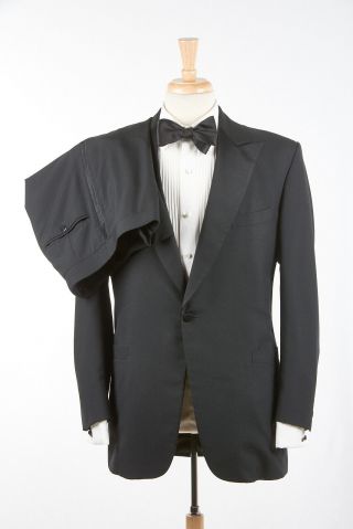 Vintage Mens Brooks Brothers Tuxedo 38 L Onyx Black Wool Satin Formal Peak Lapel
