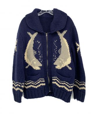 Vintage Cowichan Hand Knit Wool Whale Fish Sweater Wool Full Zip Gray Blue