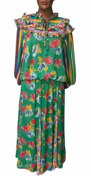 Vintage 80s Diane Freis 2 Pc Skirt Top Peasant Circle Skirt Artsy Dress - M