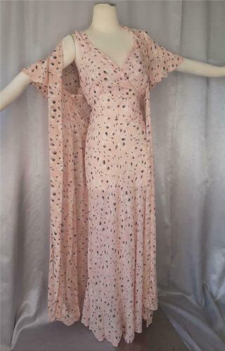 Pin - Up Vintage 1940s Pink Bow Print Chiffon Bias Cut Gown & Robe Peignoir Set