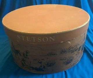 Vintage Stetson Hat Box Cowboy Round Up & Branding Cattle Motif 15 " X 16.  5 " Oval