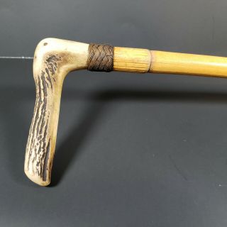 Vintage Antique Antler Stag Handle Bamboo Shaft L - Shape Cane Walking Stick