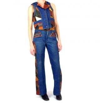 Vintage 1970s Leather Patchwork Denim Vest Bell Bottom Jeans Outfit Womens Xs