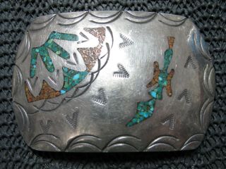 Sun Ray Peyote Bird Sterling Silver Turquoise Belt Buckle Vintage 1970s 36g