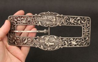 Large 7in Antique 19thc Hallmarked Continental Silver Belt Buckle,  Nr