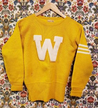 Vintage 40s 50s Mitchell & Ness Wool Varsity Sweater Mens Size 40 Medium Yellow